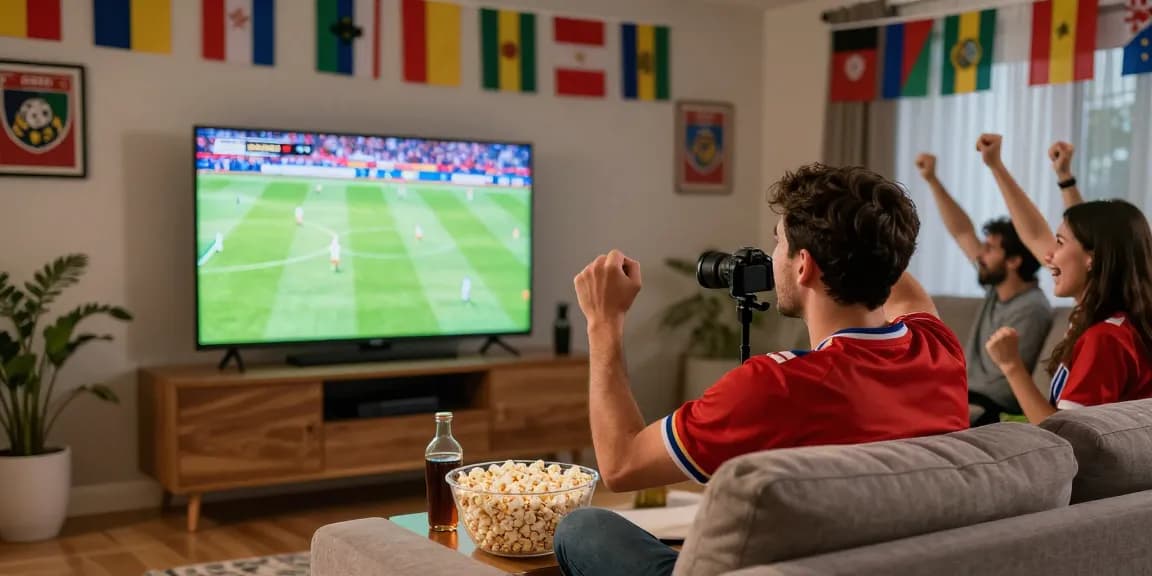 Excited viewer enjoying live football on Rakhoi TV with friends and snacks.
